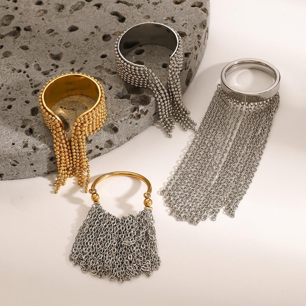 Trendy Stainless Geometric Steel Ring With Exquisite Tassel Detail For Women