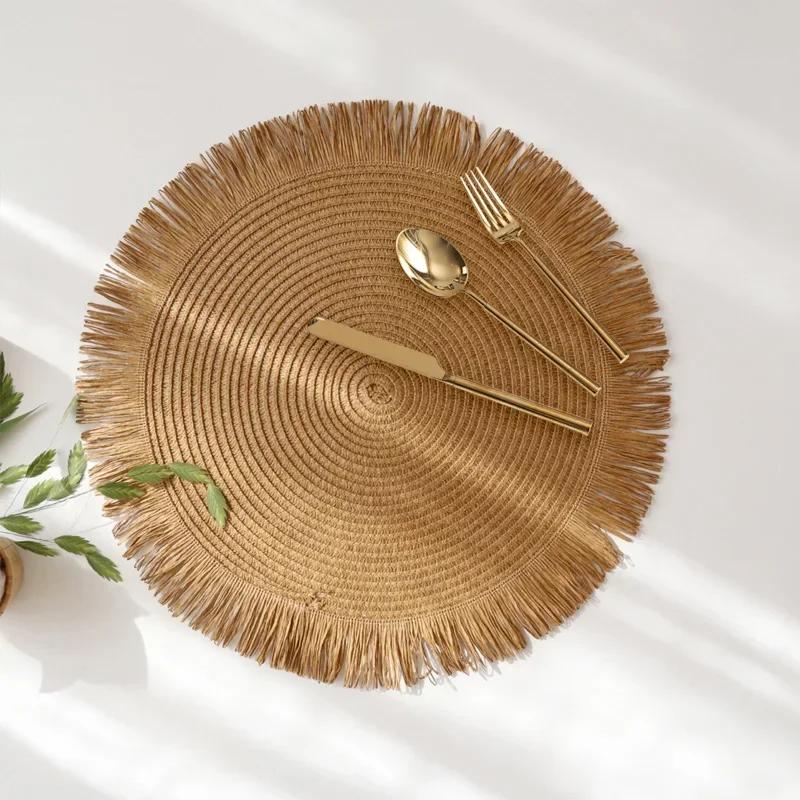 38cm Round Braided Placemat Fringe Paper Table Mat Hand Woven Non-slip Insulation Place Mat Tea Cup Pad Dining Table Decoration