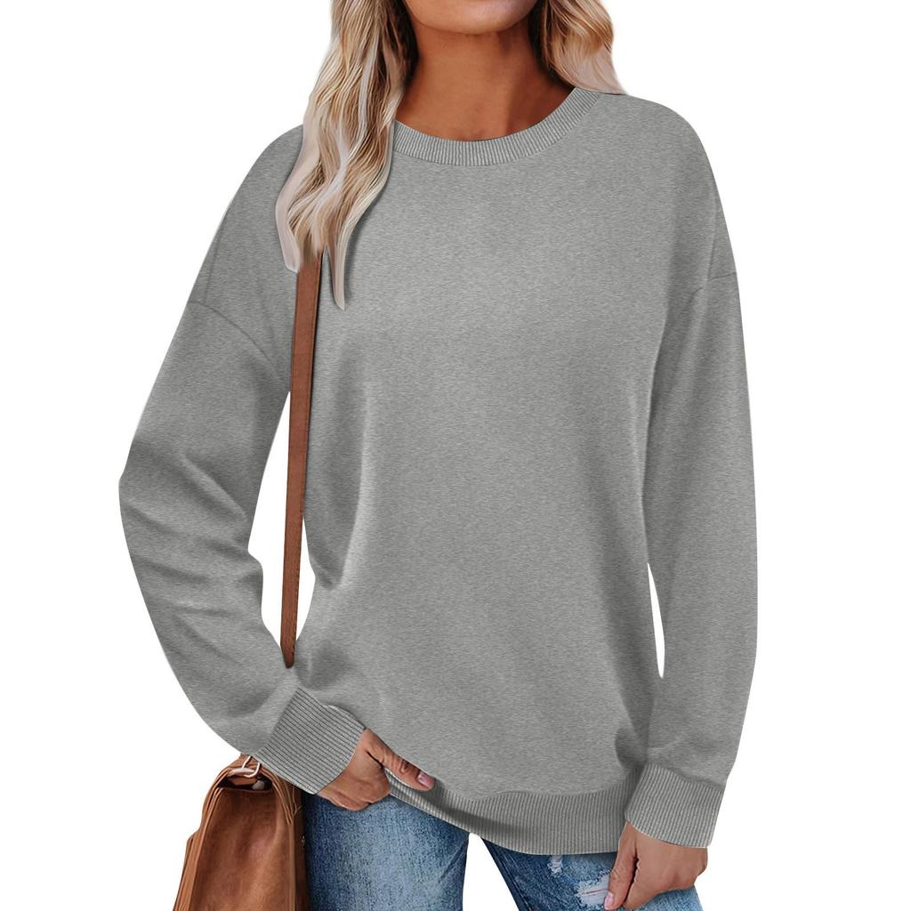 Women's Fashion Solid Color Round Neck Long Sleeve Loose Pullover Sweatshirt Top