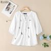 ZANZEA Women Casual Round Neck Summer 3/4 Sleeve Buttons Print Blouse