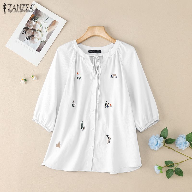 ZANZEA Women Casual Round Neck Summer 3/4 Sleeve Buttons Print Blouse
