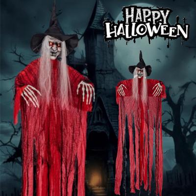 Halloween Decorations Hanging Witch with Motion Sensor Sound and Light Scary Red Dressed Witch Hanging Ghost for Spooky Party
