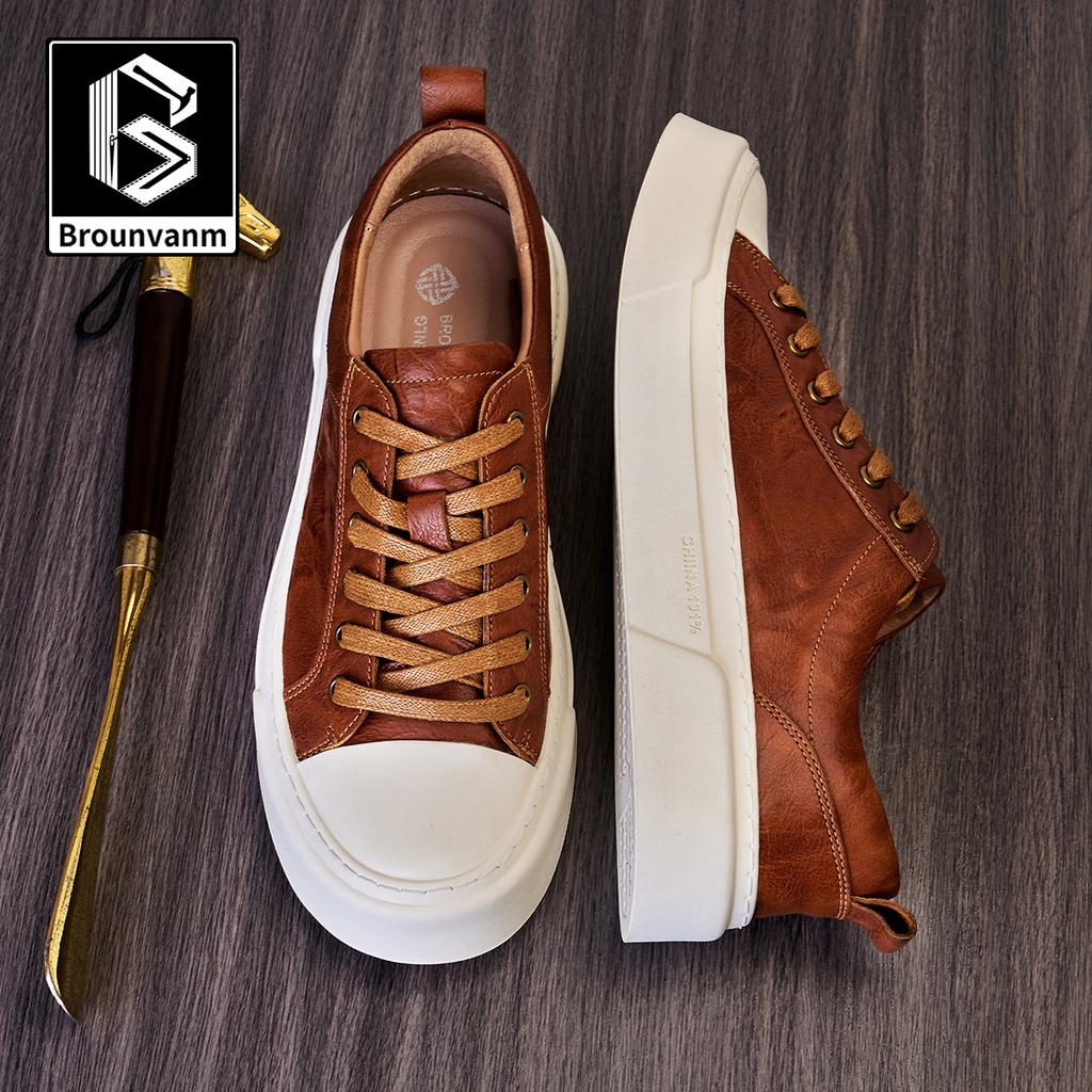 Bo Wei Spring Summer Leather Board Shoes Men'S Lace-Up Trendy Shoes Round Head Casual Leather Shoes British Fashion Trend Men'S Shoes