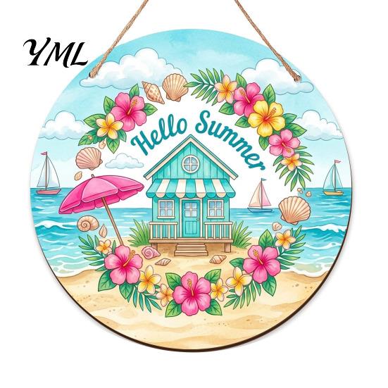 Natural Hemp Rope Wood Plaque Summer Wooden Hanging Sign, Beach Style Wall Decor with Rope, Bright Printed Sign Indoor Outdoor Theme Decoration