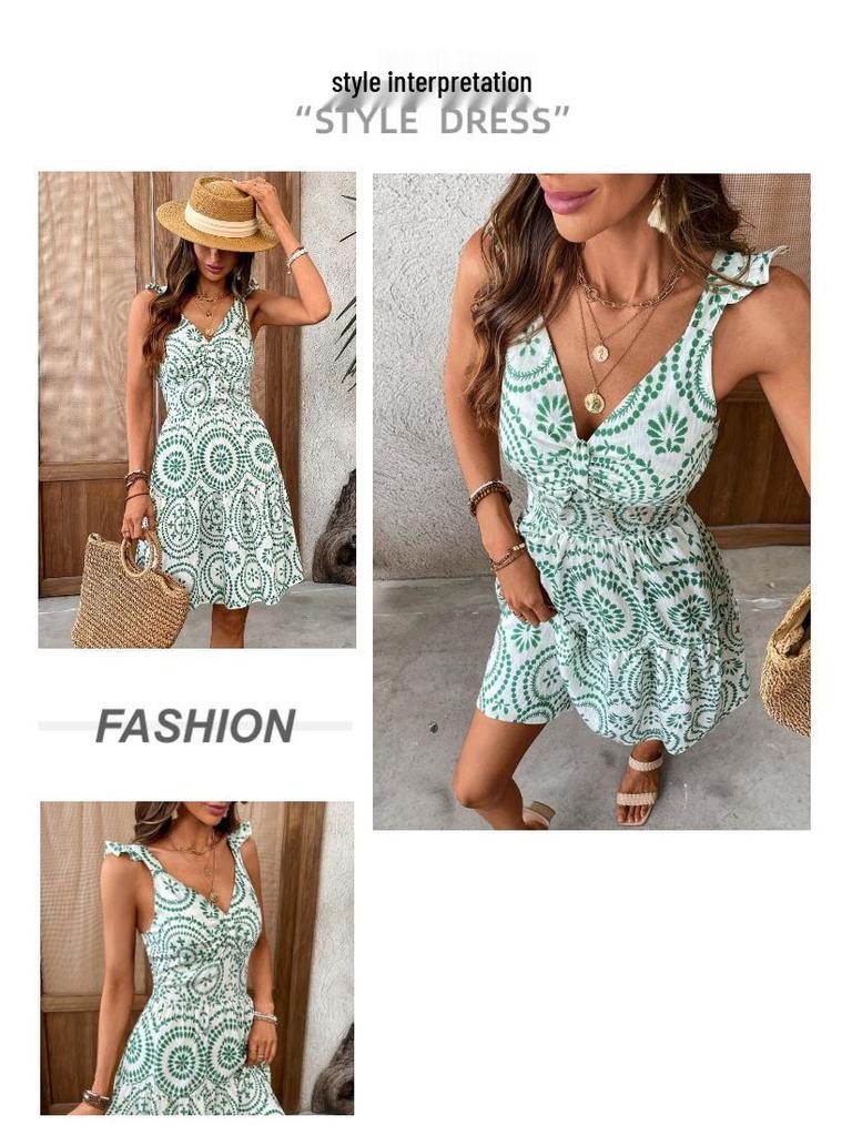 Robe en Dentelle sans Manches à Col en V Imprimé Floral - Collection Été 2025