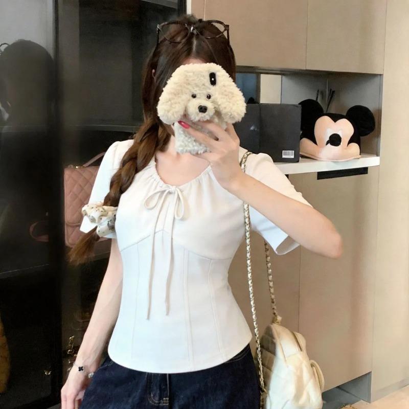 Women Short Sleeve Ruched Tie Front Top Slim Fit Puff Sleeve Casual Blouse For Daily Wear L белый