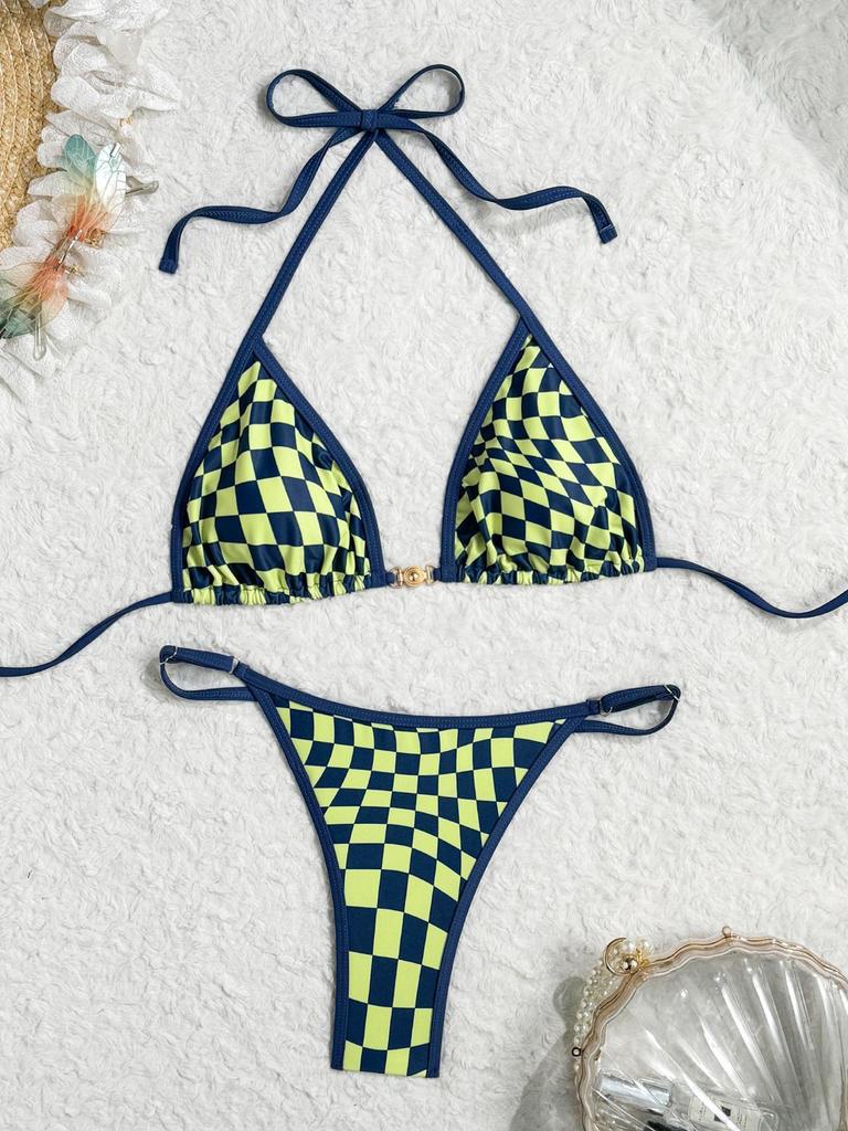 Kariertes Spitzen-Dreiecks-Bikini-Badeanzug mit Brustpolster - Sexy Europäischer und Amerikanischer Stil für Damen