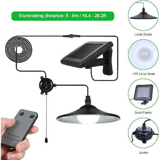 Lixada Solar Pendant Light Outdoor Indoor Hanging Light LED Shed Light Waterproof Pendant Lamp with Remote Control & Pull Cord for Garden Yard Patio