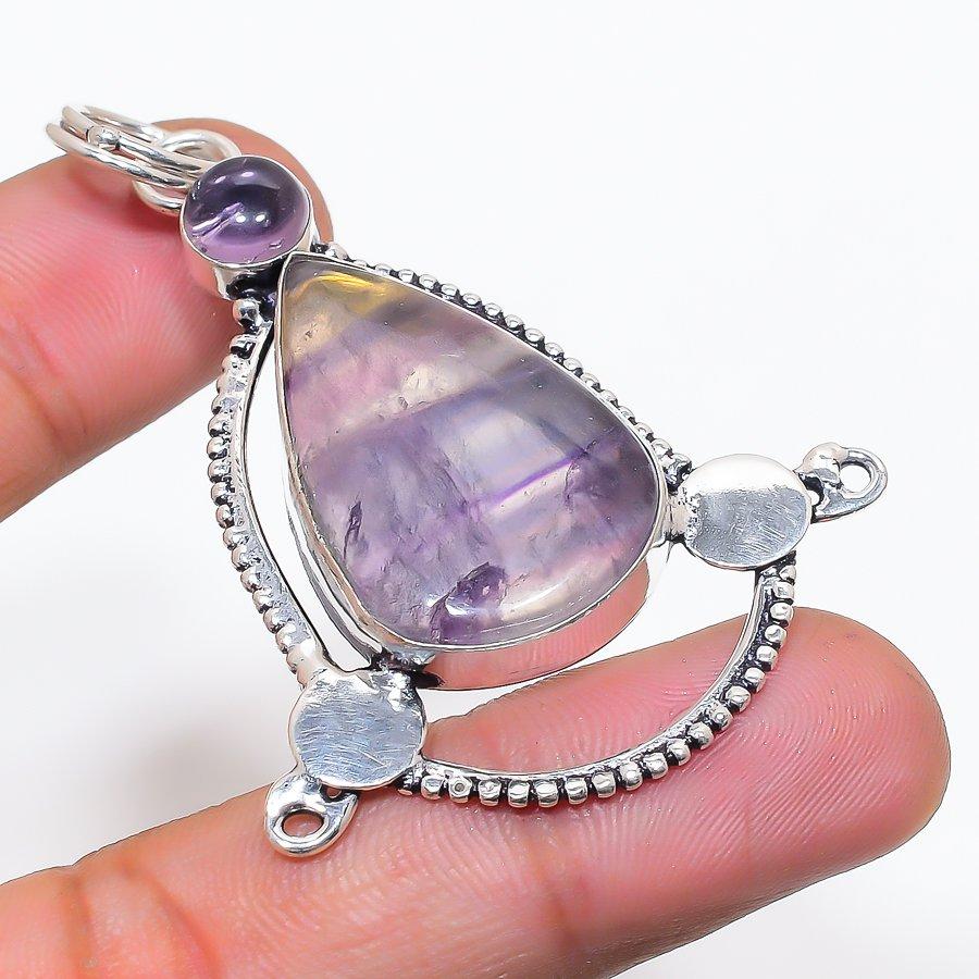 Natural Fluorite, Amethyst Gemstone 925 Sterling Silver Pendant 2.56  AP-14191