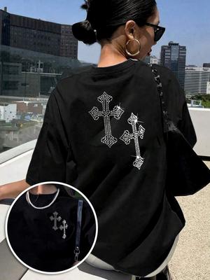 Front and Back Printed Tshirt Cross Religious Symbol Pattern Womens Round Neck Casual Short Sleeve Trendy Fashion Casual Style
