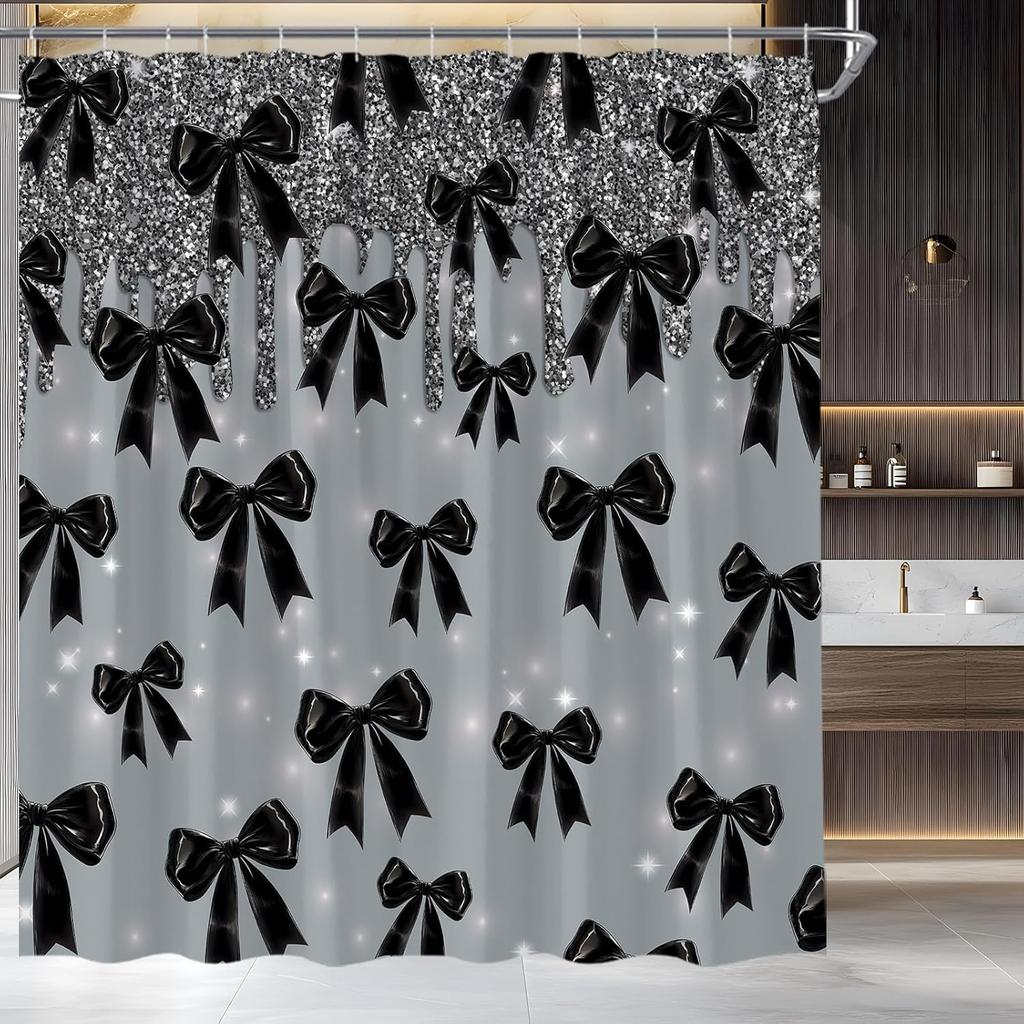 Black Bow Shower Curtain Fashion Girly Grey Shimmer Sequins Bowknot Dreamy Party Fabric Bathroom Curtain Set with Hooks
