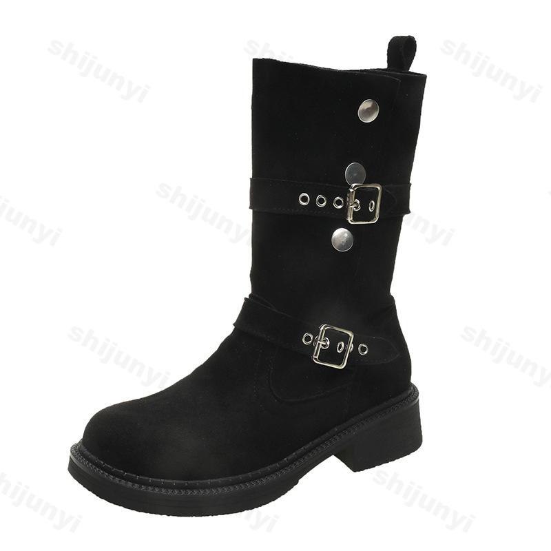 Vintage Women Western Cowgirl Boots Fashion Belt Buckle Shoes New 2024 Autumn Winter Thick Heel Ladies Knight Mid Calf Booties