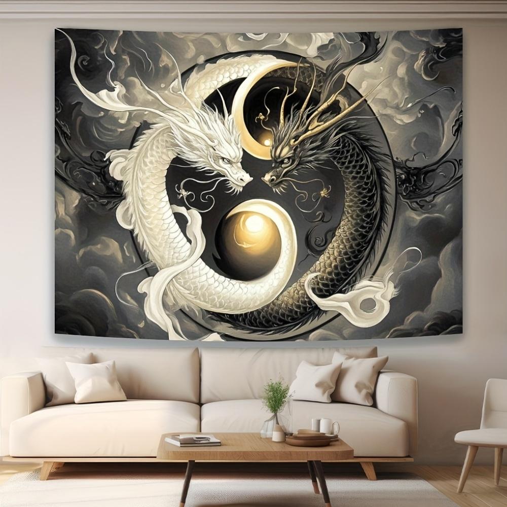 2D Flat,Yin Yang Dragons Black White Gold Balance Harmony Tapestry Asian Philosophy Wall Art Meditation Room Decor Spiritual