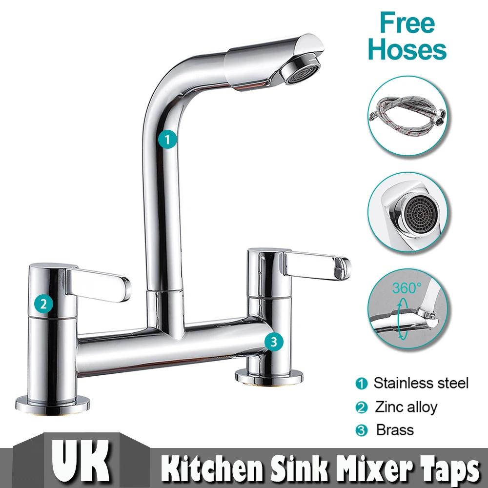 Kitchen Taps Dual Lever Sink Mixer Taps Traditional Monobloc Mixer Taps for Kitchen Sink Swivel Spout Chrome Double Handles