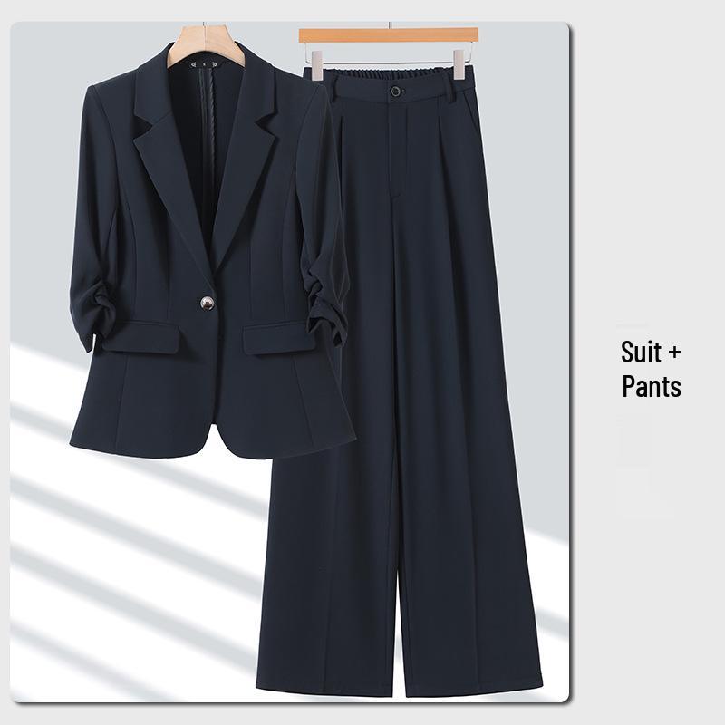 Women's Elegant Wrinkled Seven-Sleeve Blazer Suit with Wide-Leg Pants - Thin Style 2026 Spring/Summer Collection