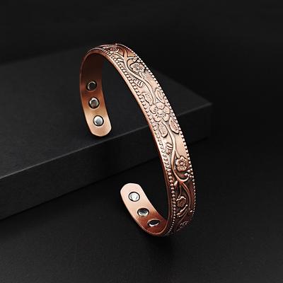 Magnetic Pure Copper Bracelet for Women Vintage Flower Energy Cuff Bangle Adjustable Jewelry Gift