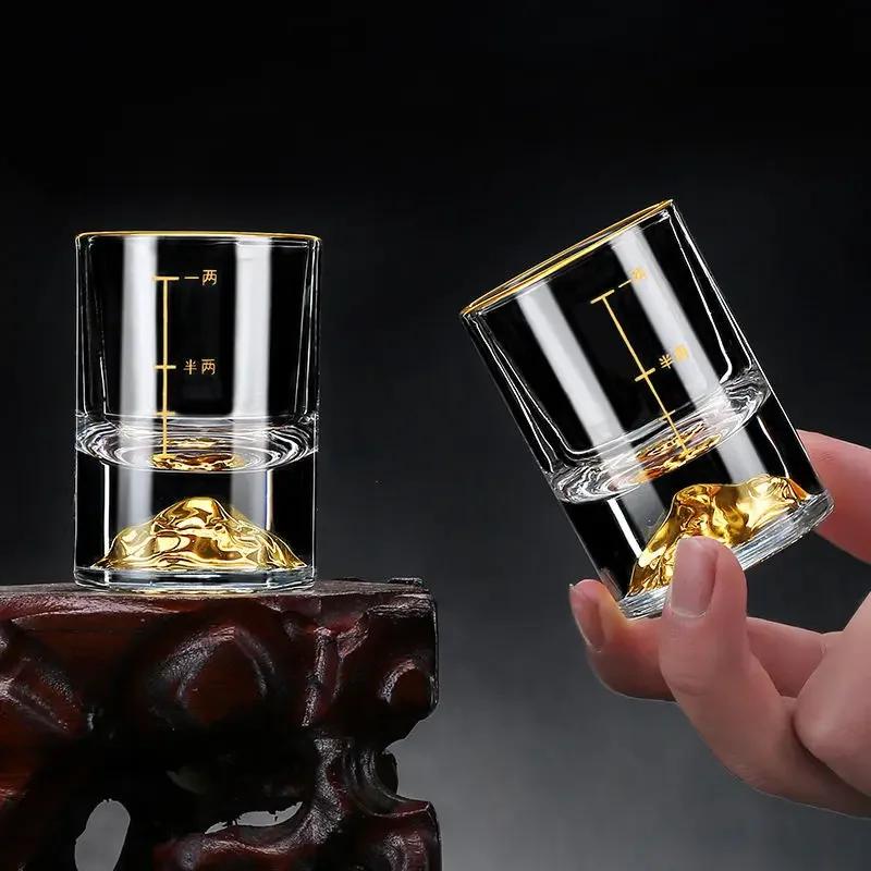 2pcs Sets Luxury Cocktail Glass Crystal Gold Foil Glass Cup Golden Mountain Shaped Wine Glass 50ml/100ml High End Spirits Cup