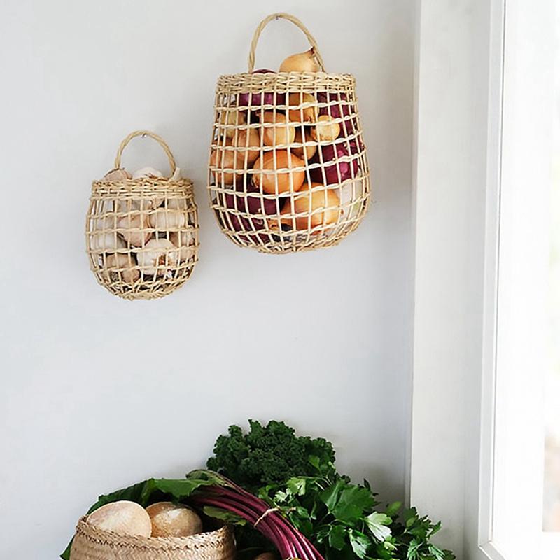 Hollow Rattan Woven Storage Basket Multi-functional Decorative Wicker Fruit Basket Wall Hanging Flower Basket Sundries Organizer