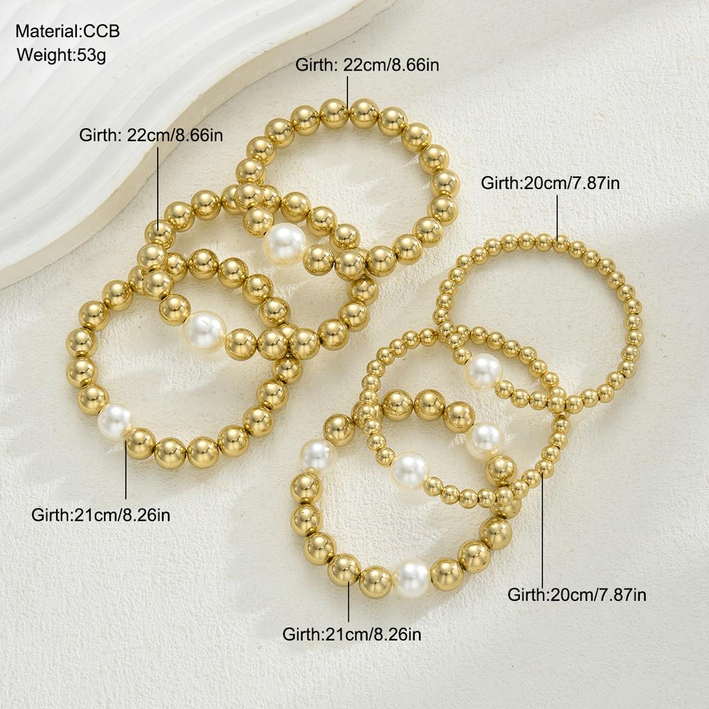 6pcs Bohemian Pearl Stackable Beaded Bracelets Set Vintage Chunky Gold Color Geometric Multilayer Elastic Bracelets Daily Wear