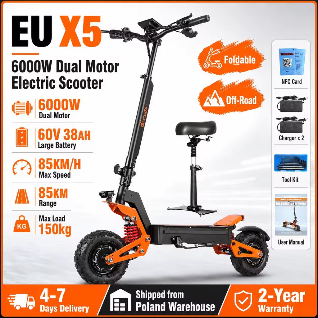 EU X5 E-Scooter 6000W 60V 38AH Off-Road Höchstgeschwindigkeit 85KMH Maximale Belastung 150kg Doppelmotor Faltbarer Elektroroller 85KM Reichweite pro Ladung