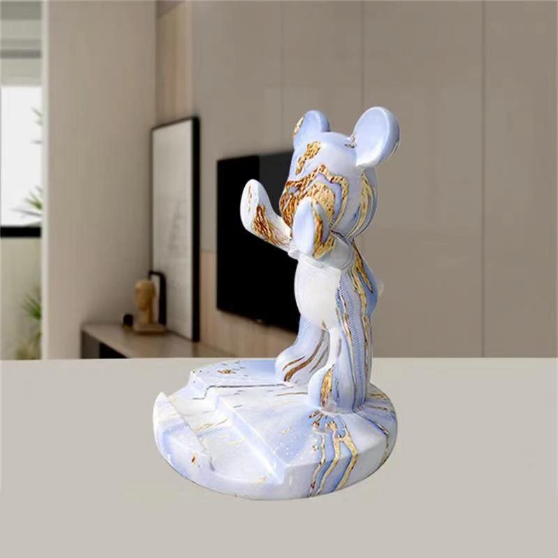 Cute Graffiti Bear Resin Statue & Phone Holder Funny Desk Decor Creative Gift for Friends Cool Bedroom Shelf Ornament With