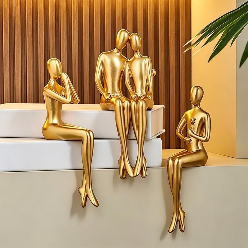 Shelf Sitter Statue Abstract Art Sculptures Matte Gold Sitting Thinker Figurine Seating Display Statue for Consoles Table, Shelf Arrangement and