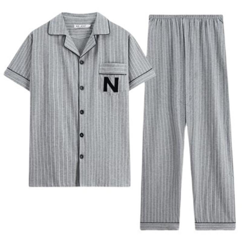 Cotton Button Up Top and Pants Men's Plus Size Pajamas Loungewear Casual Simple Fashion Youth Sleepwear Homewear 2PCS Set