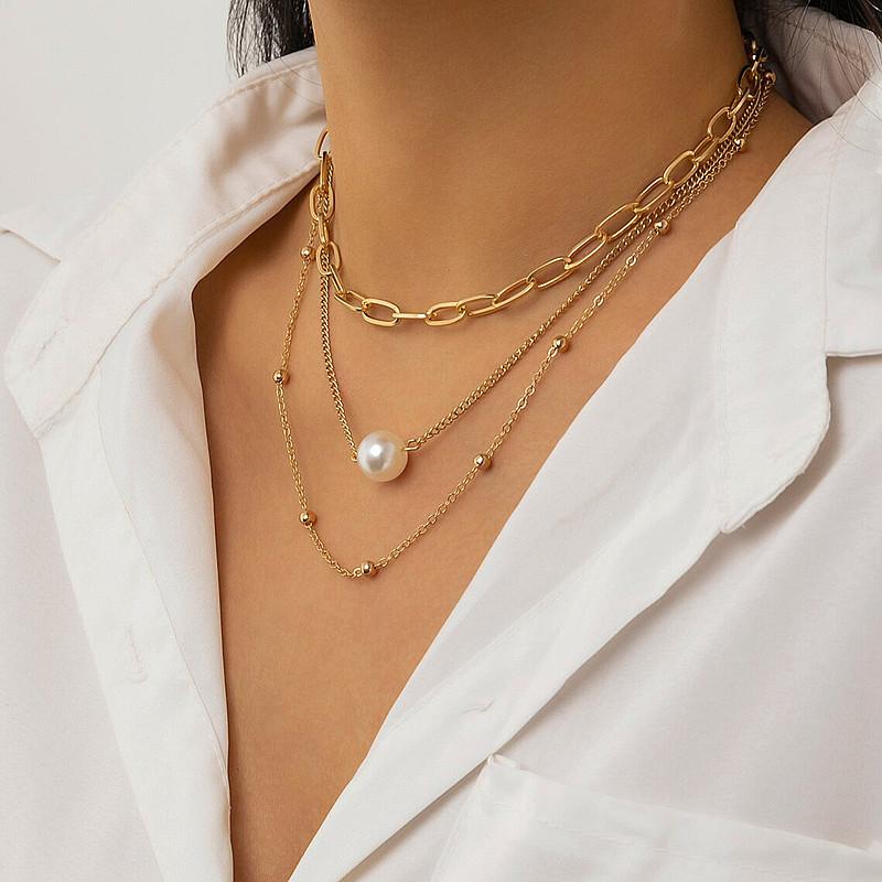 Hip-hop Metal Multi-layer Collarbone Chain Neck Chain Female, Simple and Versatile Copper Bead Chain Pearl Necklace