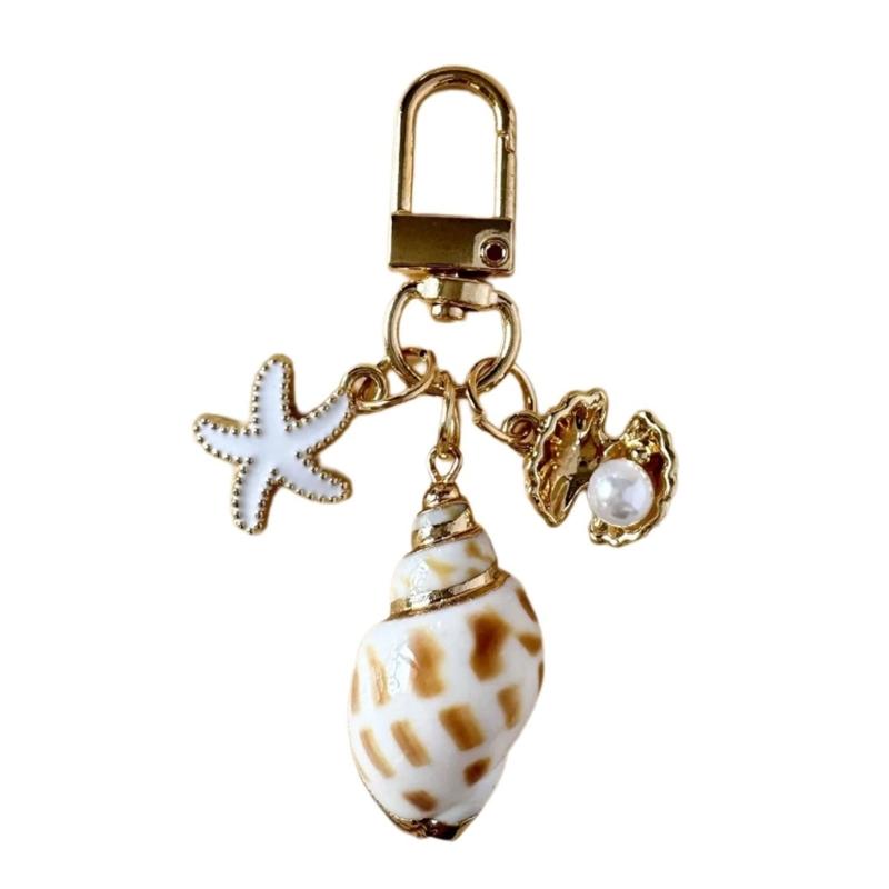 Oceanic Shell Alloy Keychain Pearls Accent Lightweight Versatile Purse Charm Jewelry Multi Functional Accessory