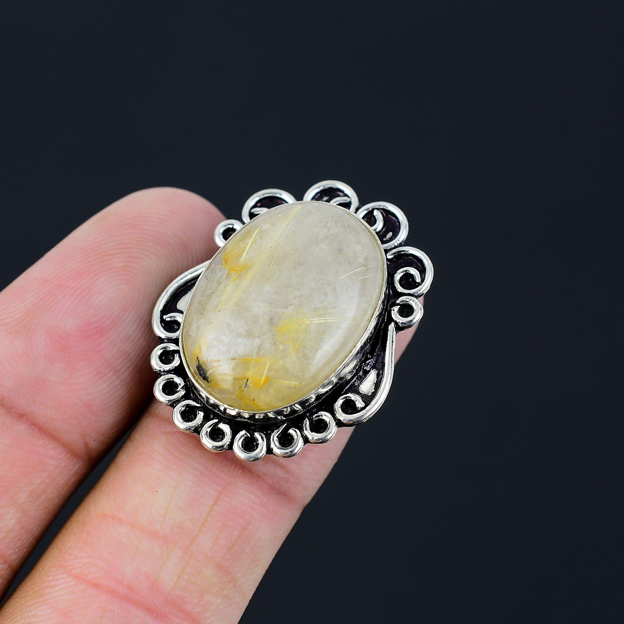 925 Sterling Silver Golden Rutile Stone Art Deco Wife Promise Ring Jewelry US 6 6