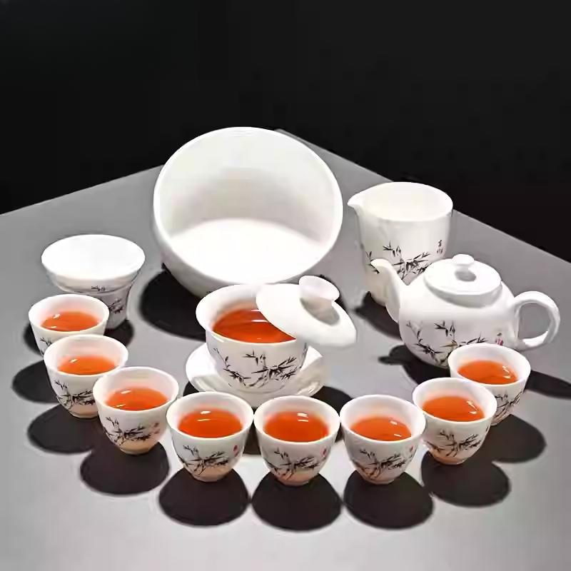 Goat Jade Tea Set Kung Fu Set Chinese Light Luxury Tea Calendars Teacups Office White Porcelain Teapot Covered Bowl Set