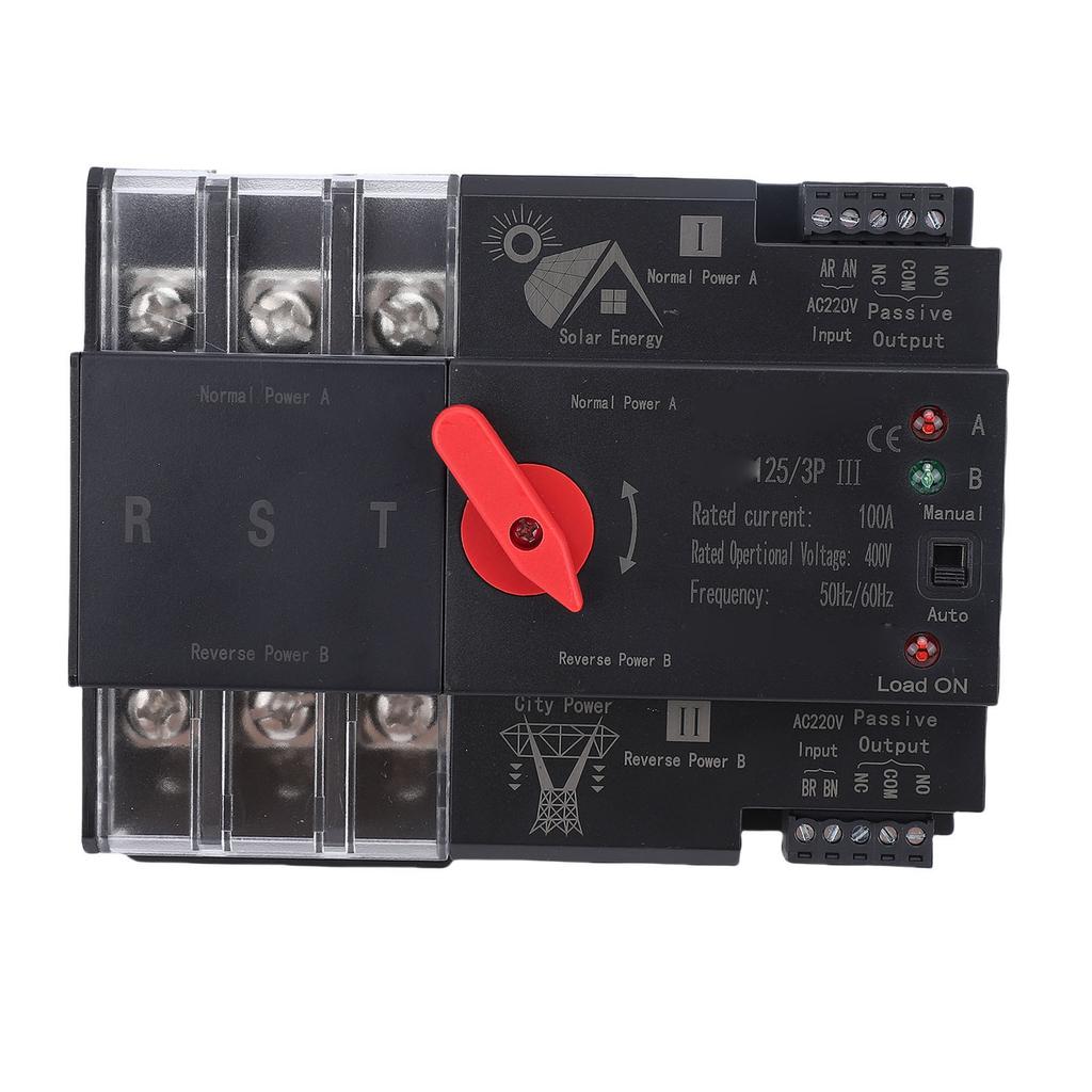 Dual Power Automatic Transfer Switch Uninterrupted ATS 3P 100A Din Rail Mount Toggle Controller PV Mains Supply