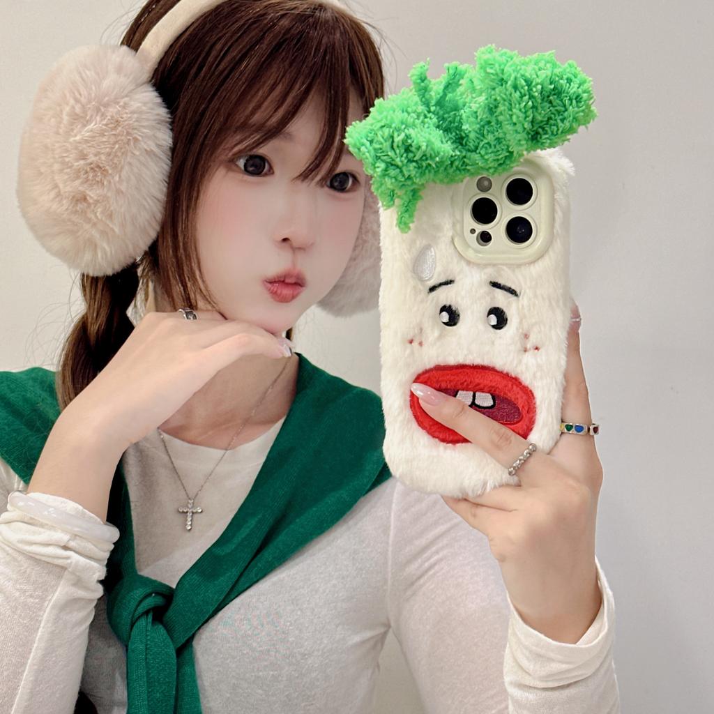 Green Hair Plush Warm Phone Case Is Suitable for Apple 16promax Lens Holder 13/12PRO Anti-drop 11.