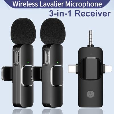 3 In 1 Receiver Wireless Lavalier Microphone Clear Wireless Mini Microphone for iPhone - Android Phone/Camera/Computer/Laptop,