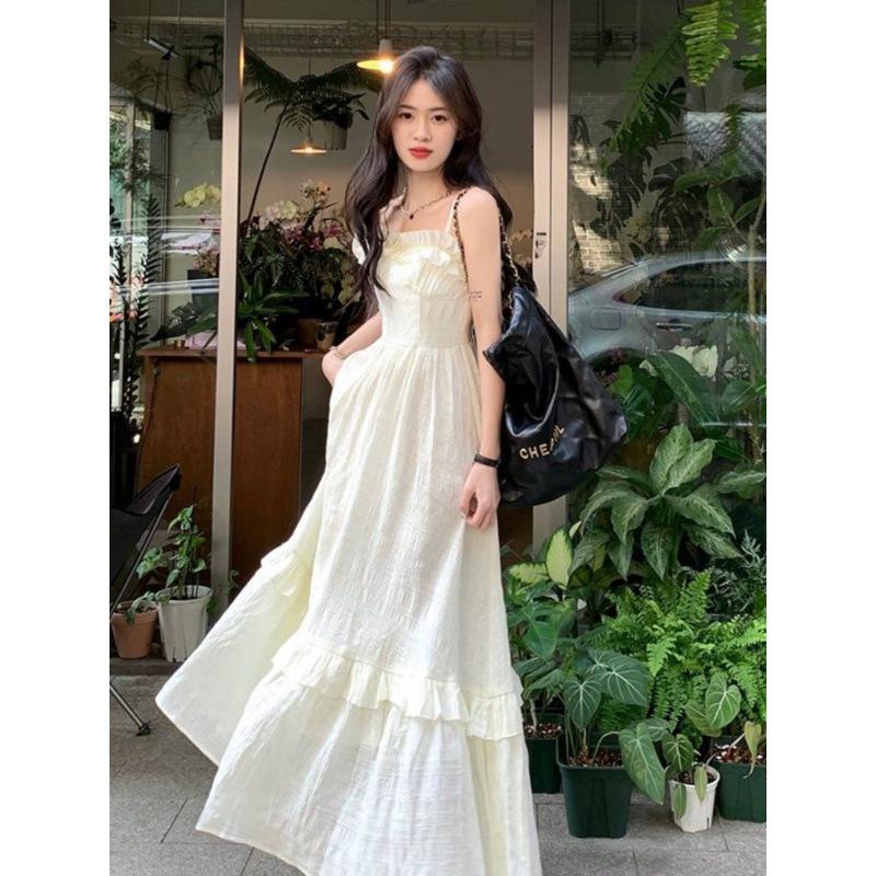 Summer 2025 Women's Ruffle Strap Sundress - Sweet French Waist-Slimming Long Dress