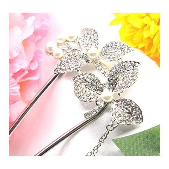 Miaomyao U-Shaped Hairpin for Traditional Japanese Outfits and Yukata, Elegant Pearl and Cubic Zirconia Lemon Leaf Design, Antique Silver Metal Hair
