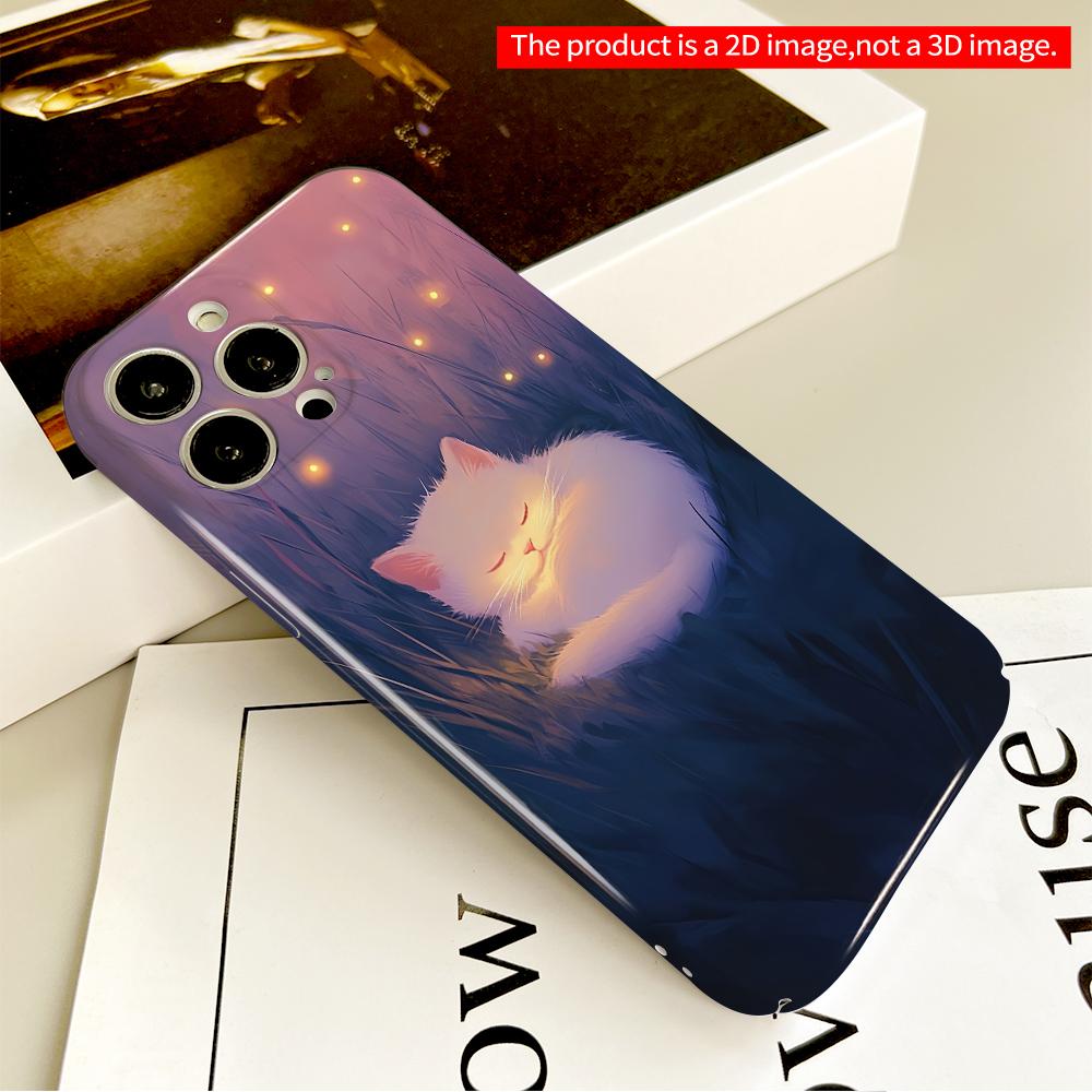 2DFlat Glowing White Cat In Starlit Grass All Inclusive Film Hard Phone Case, Compatible with iPhone 18 Pro Max 17 16 15 14 13 12 11