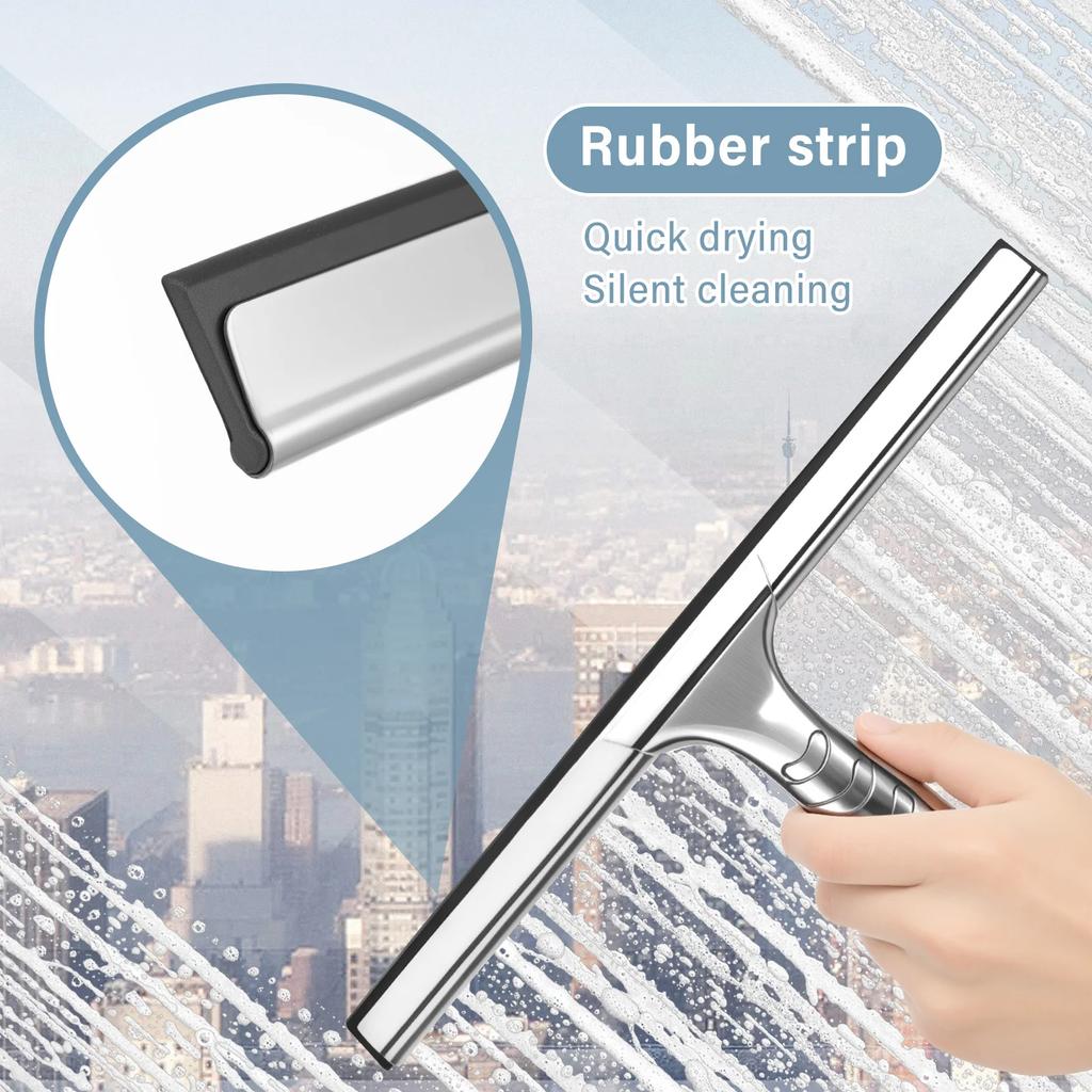 Shower Squeegee with Hook Silicone Strip Stainless Steel Glass Window Cleaner Household Bathroom Mirror Window Silicon scraper