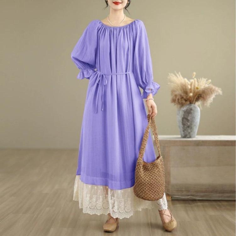 New French Style Oversize Off The Shoulder Dress Patchwork Lace Sweet One Neckline Slim and Long Look