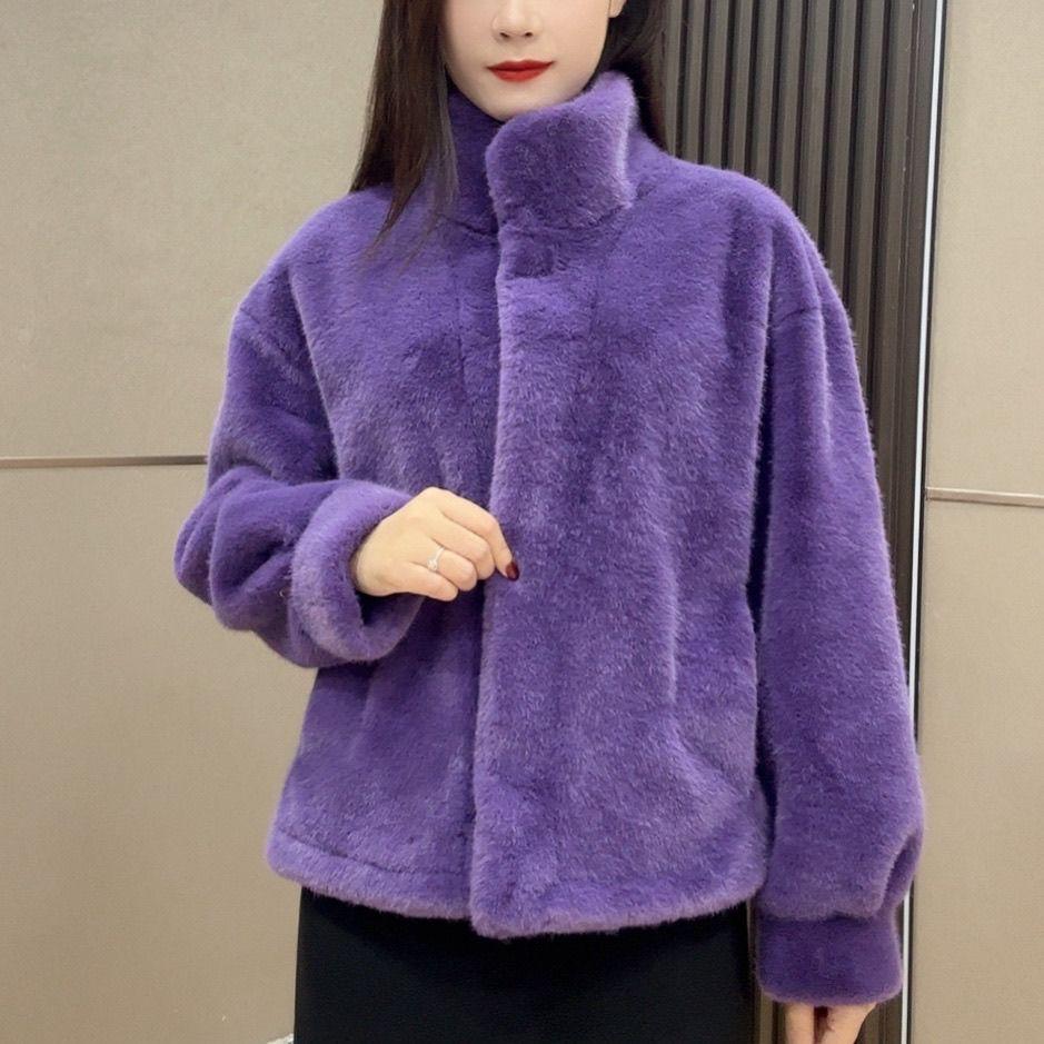 Short Fashion Stand Up Collar Leopard Print Fur Coat for Women In Winter Warm and Loose