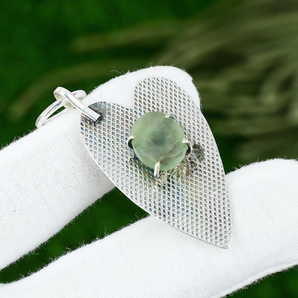 Sisters Day Deal Sterling Silver Oval Prehnite Rough Gemstone Engagement Pendant