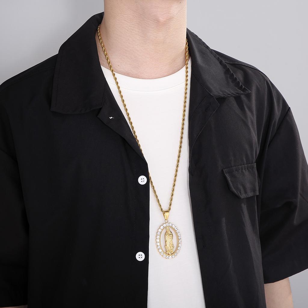 Hip Hop Catholic Virgin Mary Pendant Necklace for Men Women Gold Color Stainless Steel Jewelry Personalized Zirconia Accessories