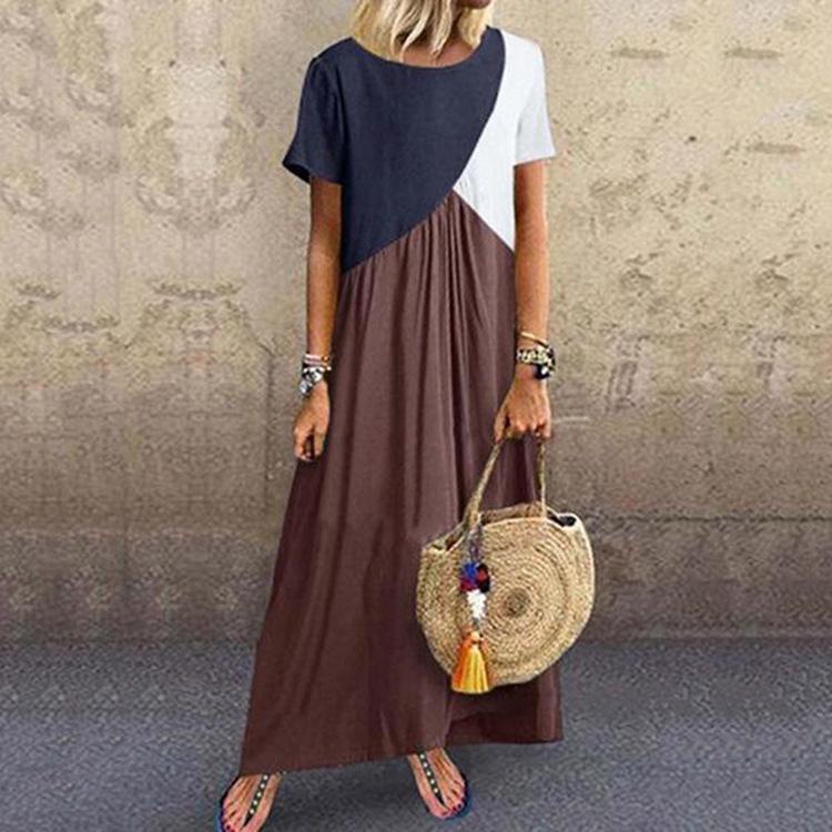 European and American Geometric Patchwork Color Block Irregular Short Sleeve Casual Dress