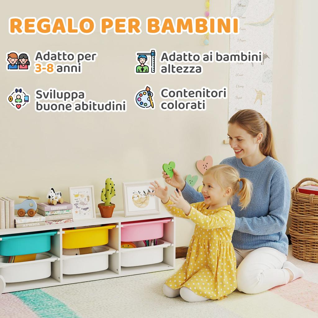 Children's Wooden Toy Storage Shelf with 6 Removable Plastic Bins, Multicolored