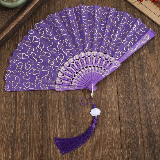 Love Heart Print Folding Fan with Tassel Chinese Style Portable Hollow Ribs Hand Fan Women Dance Performance Props Party Favors