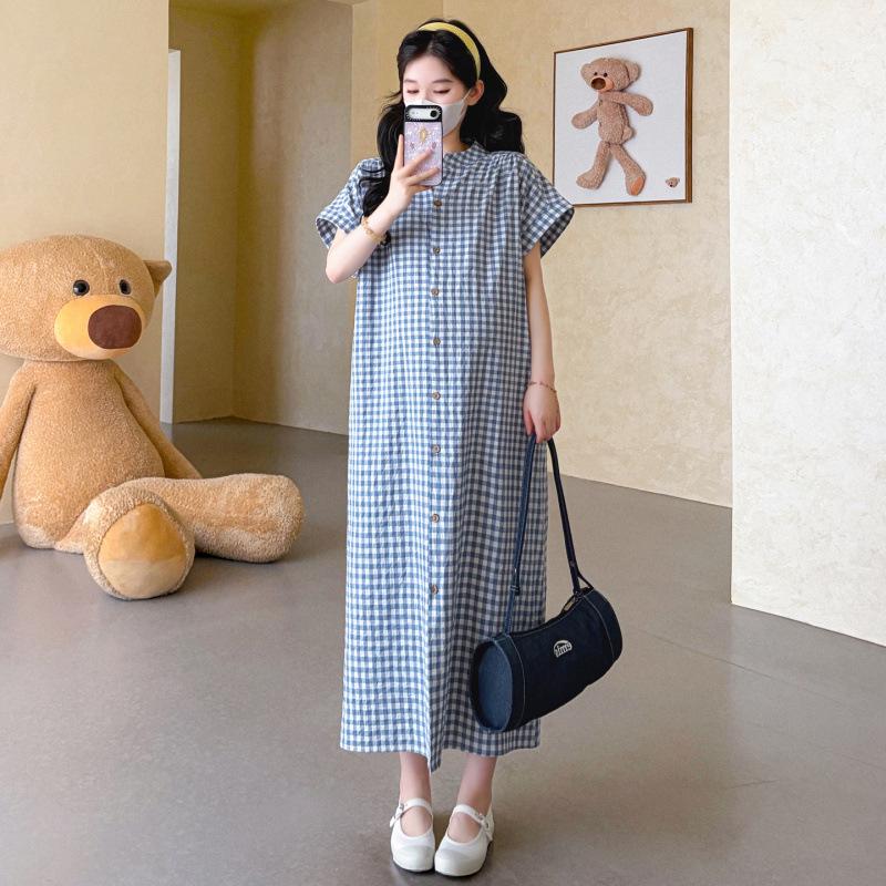 Trendy Plaid Midi Maternity Dress - Stylish, Loose-Fit Summer Wear for Moms 2XL
