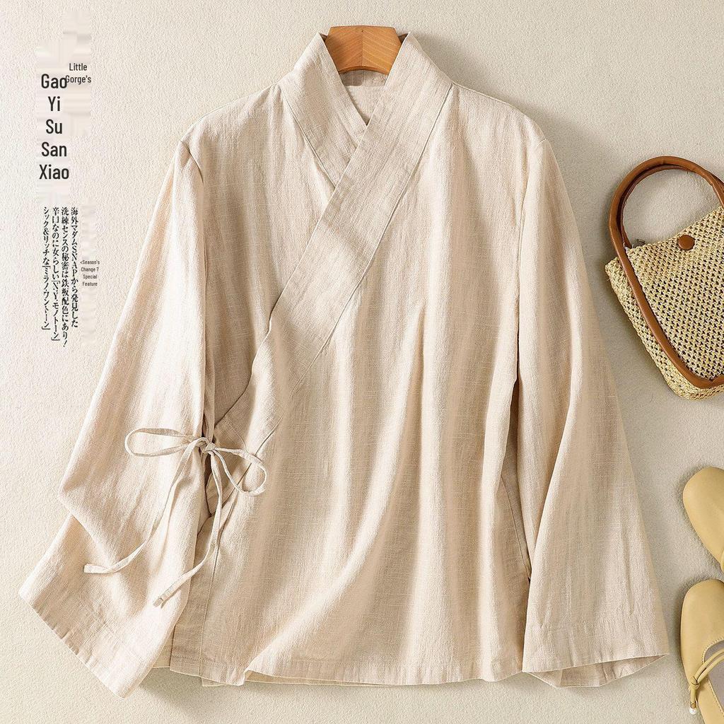 V-Neck Lace-Up Loose Slimming Chinese Style Cotton Linen Long-Sleeve Top for Spring/Summer