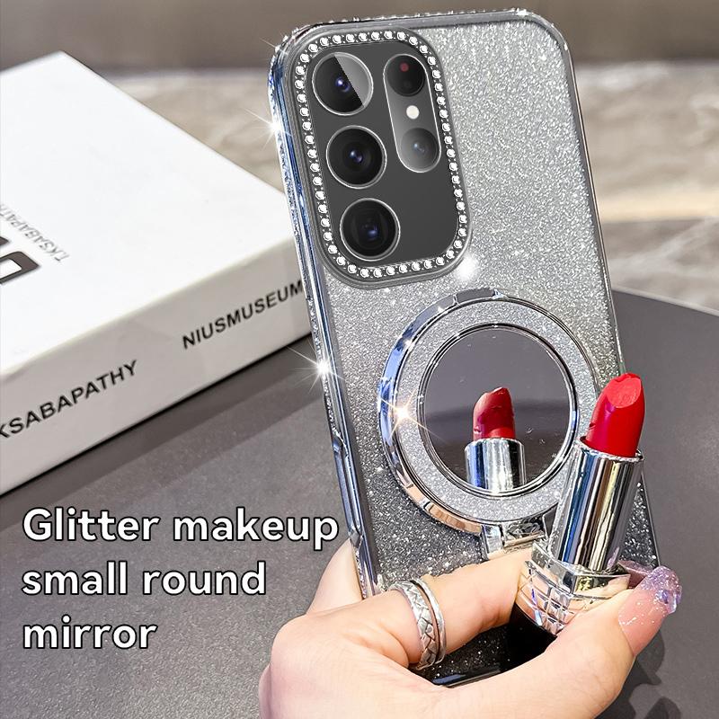 KEYSION Glitter Jewelled Magnetic Phone Case for Samsung Galaxy S25 Ultra 5G S24+ Plus S23 FE Makeup Mirror Stand Shockproof Cover