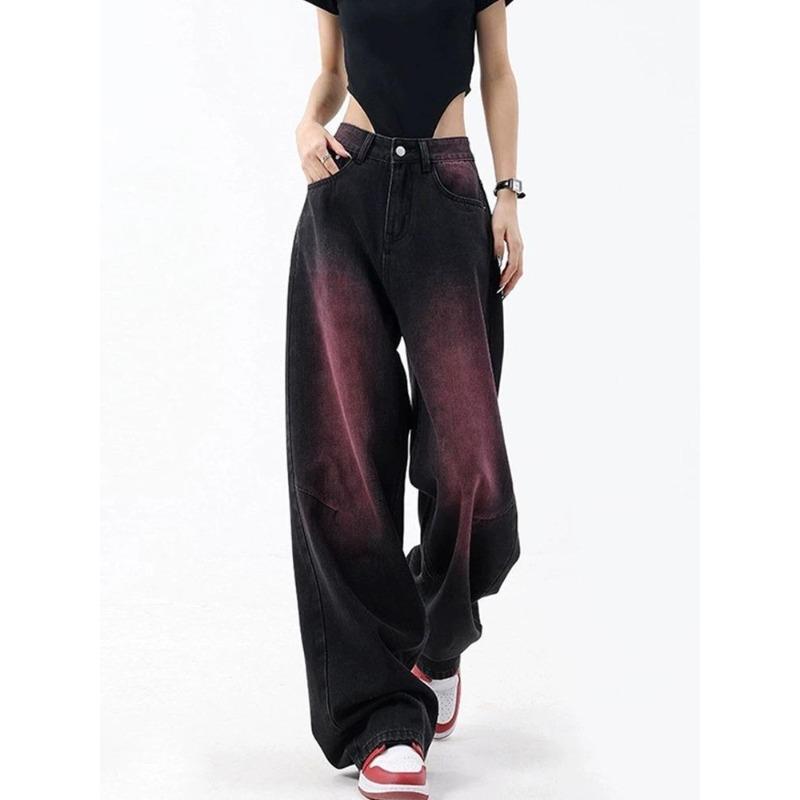 

Ретро Фіолетові Прані Джинси Жіночі Оверсайз Прямі Широкі Штани Вінтаж Потертий Висока Талія XXXL