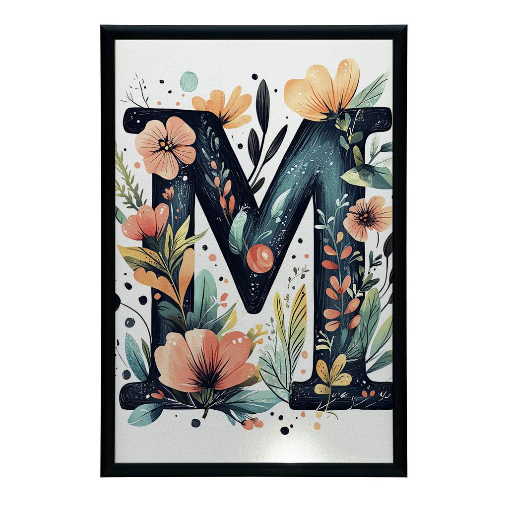 Plakat Z Literą M W Kwiaty I Liście Plakat Z Literą M W Kwiaty I Liście, 30X40 Cm, Bez Ramy, Płótno Premium Na Blejtramie